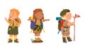 Scouting kids set. Boy and girl wearing uniform and neckerchiefs hiking with backpacks cartoon vector illustration Royalty Free Stock Photo