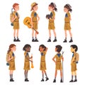 Scouts Boys and Girls Set, Scouting Kids Characters Wearing Uniform and Blue Neckerchiefs with Camping Objects, Summer Royalty Free Stock Photo