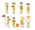 Scouts flat vector illustrations set. Children with hiking equipment, summer camp activities. Camping, outing