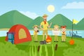 Scouts with teacher flat vector illustration. Camping, outing, summertime activity, recreation, outside leisure. Young