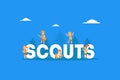 Scouts Word with Giant Letters Banner Template, Kids Scouts in Uniform Camping Vector Illustration Royalty Free Stock Photo