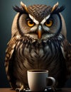 A scowling owl with a cup of coffee beside it. Ruffled and shaggy owl, generated AI
