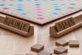 Scrabble board game with the scrabble tile spell `Game Day` Royalty Free Stock Photo