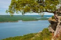 A scraggly evergreen tree provides the perfect frame for Greer`s Ferry Lake Royalty Free Stock Photo