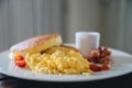 Scramble egg with pancake and bacon breakfast food in film vintage style Royalty Free Stock Photo