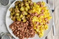 scramble eggs with diced spam with corn beef hash