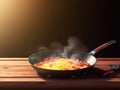 Scramble in a frying pan with bacon on a dark wooden background. Generated AI. The concept of a delicious and nutritious breakfast