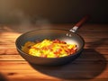 Scramble in a frying pan with bacon and herbs on a dark wooden background. Generated AI. The concept of a delicious and nutritious