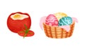 Scrambled Egg in Bell Pepper and Decorated Easter Eggs in Wicker Basket Vector Set Royalty Free Stock Photo