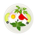 Scrambled Egg and Green Leafy Vegetables Arranged in the Shape of Pirate Face on Plate Above View Vector Illustration Royalty Free Stock Photo