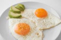 Scrambled eggs with avocado and specialy on a white plate on a white background. Close-up, top view Royalty Free Stock Photo