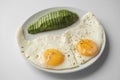 Scrambled eggs with avocado and specialy on a white plate on a white background. Close-up, top view Royalty Free Stock Photo