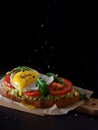 Scrambled eggs avocado tost bruschetta in dark background Royalty Free Stock Photo