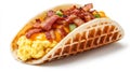 Scrambled eggs bacon and cheese inside a waffle taco shell isolated on a white background Royalty Free Stock Photo