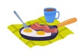 Scrambled Eggs and Bacon on Frying Pan with Coffee as Tasty Breakfast or Brunch with Typical Food Vector Illustration
