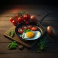 Scrambled Eggs in a Cast-iron Skillet on a Large Wooden Table. Tomatoes, Lettuce and Eggs for Breakfast, Lunch or Dinner. Eggs as Royalty Free Stock Photo