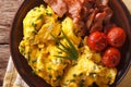 scrambled eggs and chives, fried bacon on a plate close-up. horizontal top view Royalty Free Stock Photo