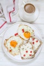 Scrambled eggs with coffee on white background. Scrambled eggs with ricotta sandwiches on white plate Royalty Free Stock Photo