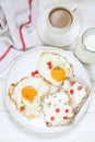 Scrambled eggs with coffee on white background. Scrambled eggs with ricotta sandwiches on white plate Royalty Free Stock Photo