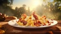 Scrambled eggs and crispy bacon slices on a breakfast plate on a wooden table with sunny sky