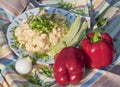 Scrambled eggs decorated with fresh paprikas, cucumber and onion Royalty Free Stock Photo