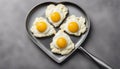 scrambled eggs in the form of a heart on a metal spatula on a blurry background