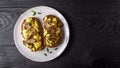 Scrambled eggs French toast with mushrooms, Top view, banner, overhead