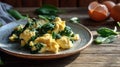 Scrambled eggs with fresh spinach on rustic plate, surrounded by eggshells and spinach leaves on wooden table. Generative AI Royalty Free Stock Photo