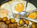 Scrambled eggs and fried potatoes in a pan Royalty Free Stock Photo