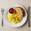 Scrambled eggs garnished with chopped chives and black pepper sit on a white plate, accompanied by Royalty Free Stock Photo