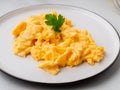 Scrambled eggs, Omelette. Breakfast with pan-fried eggs, cup of Royalty Free Stock Photo