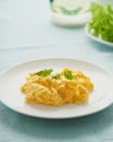 Scrambled eggs, omelette. Breakfast with pan-fried eggs. Texture of omelet on white plate Royalty Free Stock Photo