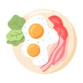 Scrambled Eggs on a plate. Fried Eggs with vegetables and Bacon.