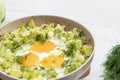 Scrambled eggs and potatoes in a frying pan. Selective focus. Top view Royalty Free Stock Photo