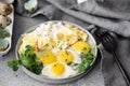 scrambled eggs and quail egg omelet with greens Royalty Free Stock Photo