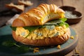 Scrambled eggs sandwich with spinach and blue cheese on wooden background Royalty Free Stock Photo