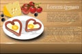 Scrambled eggs with sausage in a heart shape on a white plate