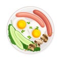 Scrambled Eggs Served on Plate with Sausages and Skewered Mushroom Vector Illustration