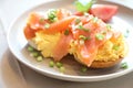 Scrambled eggs with smoked salmon on toast , Breakfast food