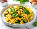 Scrambled Eggs with Spinach and Tomatoes on a White Plate breakfast food Royalty Free Stock Photo