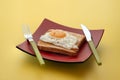 Scrambled eggs on toaster fried bread on quadrangular red plate and a fork with a knife with green handles on a yellow table, top Royalty Free Stock Photo