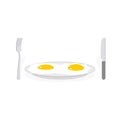 Scrambled eggs. Two fried eggs on plate. Cutlery, fork and knife Royalty Free Stock Photo