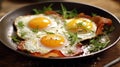 scrambled eggs with yolk in a pan with bacon, herbs and cheeses.