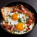 scrambled eggs with yolk in a pan with bacon, herbs and cheeses.