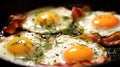 scrambled eggs with yolk in a pan with bacon, herbs and cheeses.