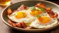 scrambled eggs with yolk in a pan with bacon, herbs and cheeses.