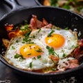 scrambled eggs with yolk in a pan with bacon, herbs and cheeses.