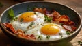 scrambled eggs with yolk in a pan with bacon, herbs and cheeses.