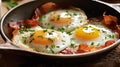 scrambled eggs with yolk in a pan with bacon, herbs and cheeses.