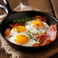 scrambled eggs with yolk in a pan with bacon, herbs and cheeses.